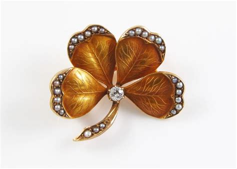 14k Gold Art Nouveau Enamel Diamond And Pearl Four Leaf Clover Brooch Pin Gold Art Brooch