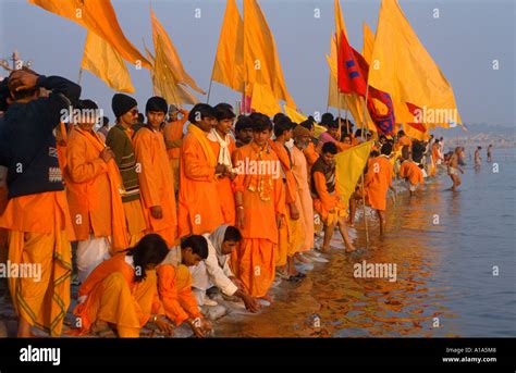 Members Of The Sri Je Baba Naga Ashram At The Sangam During Ganga Aarti Evening Prayers Maha