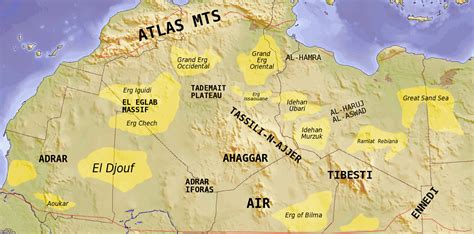 Map Of Major Dune Seas Ergs And Mountain Ranges Of The Sahara Red