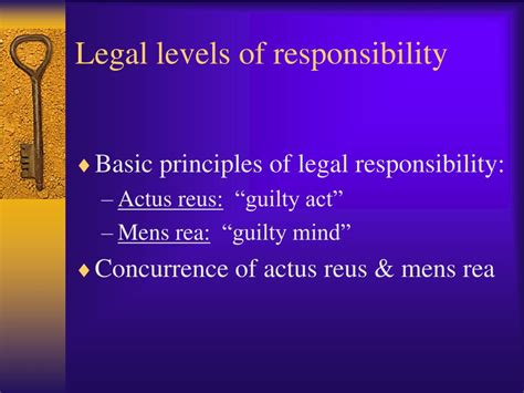 Contrast this with mens rea, which refers to the criminal intent element of a crime. PPT - Psychological levels of responsibility (Heider ...