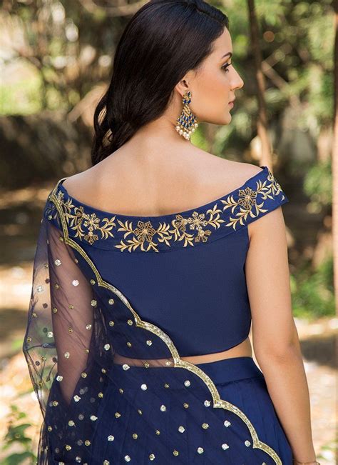 Royal Blue And Gold Embroidered Off Shoulder Lehenga Trendy Blouse