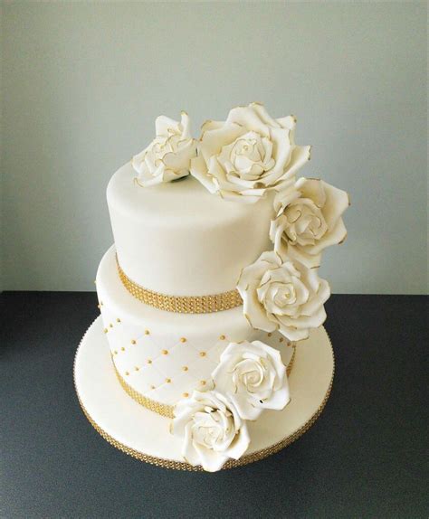 Golden Wedding Two Tier Cake With White And Gold Roses 50th Wedding