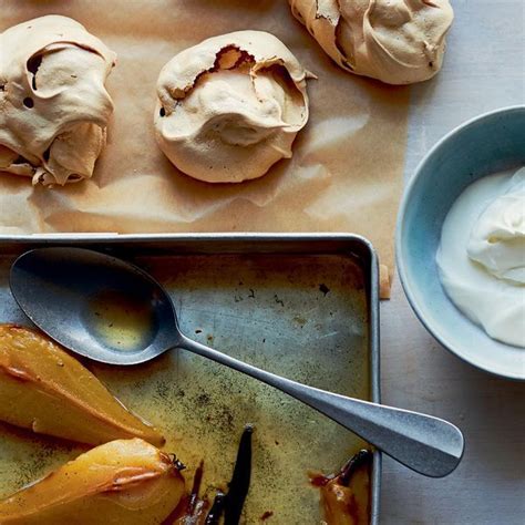 Brown Sugar And Hazelnut Meringues With Champagne Poached Pears