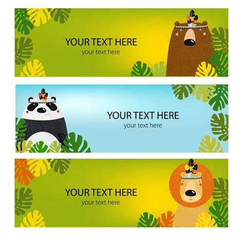 Vector Set Banners Cute Animals Cartoon Characters Bear Panda Lion