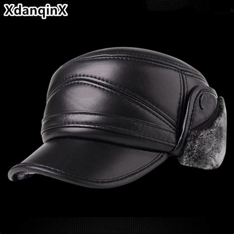 Xdanqinx Genuine Leather Hat Winter Mens Thick Warm Baseball Cap With