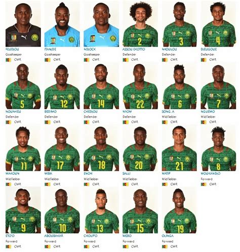 Daftar Susunan Pemain Timnas Kamerun Di Piala Dunia Brazil