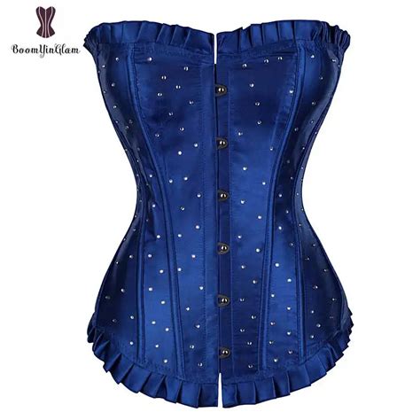 Waist Trainer Corset Satin Push Up Overbust Top Blue Rhinestone Corselet Sexy Lingerie Lace Up