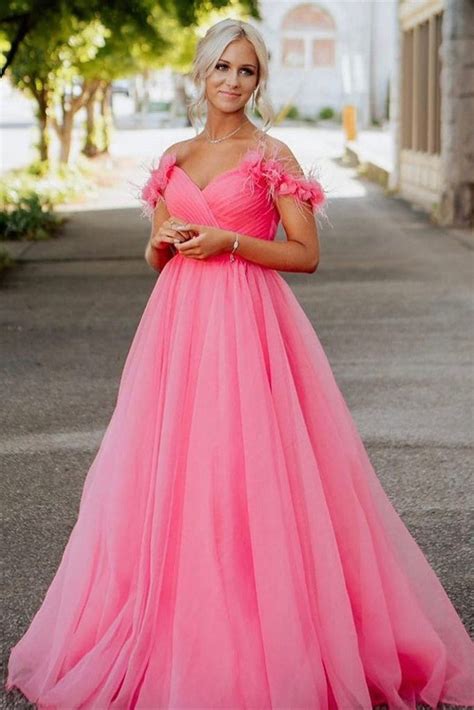 Off Shoulder Hot Pink Tulle Long Prom Dress Long Hot Pink Tulle Forma