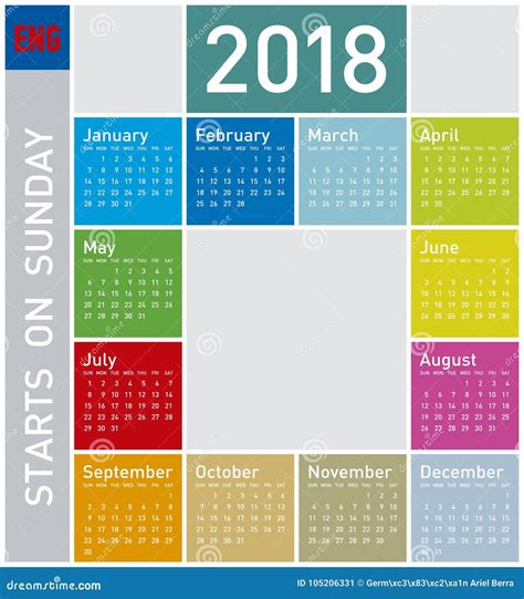 Calendario Variopinto Per Lanno 2018 In Inglese Illustrazione