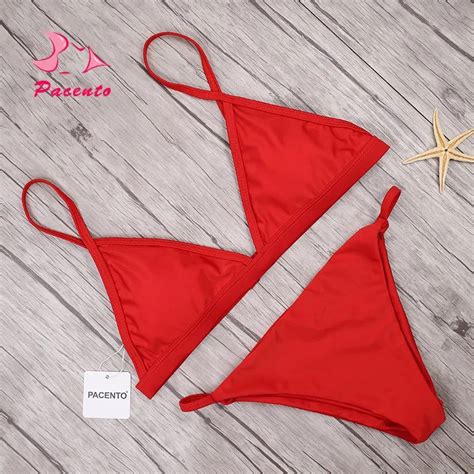 Pacento Solid Bikini Set Red Black Swimwear Women 2018 Sling Brazilian