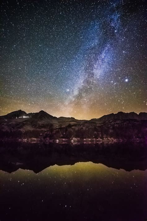 Starry Night Sky Over The Mountain By The Glassy Lake Photo Free