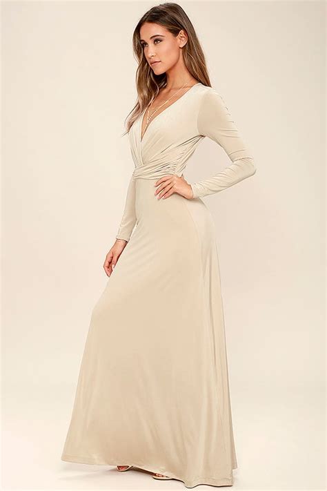 Lovely Beige Dress Maxi Dress Long Sleeve Dress 6400