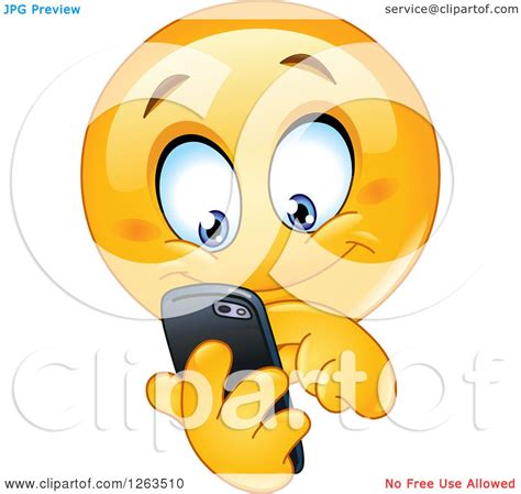 Clipart Of A Happy Emoticon Smiley Texting On A Smart Phone Royalty