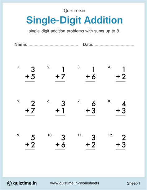 Single Digit Addition Sheet 1 Quizz Time