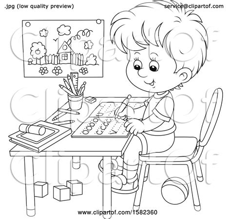Clipart Of A Lineart School Boy Writing Letters At His Desk Royalty