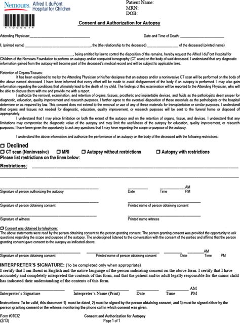 Consent And Authorization For Autopsy Form From The Nemoursalfred I