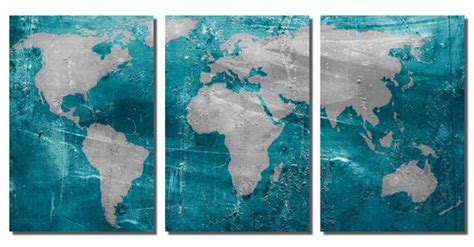 Munsell Blue Teal World Map Canvas Print Gray 3 Panel Split Triptych