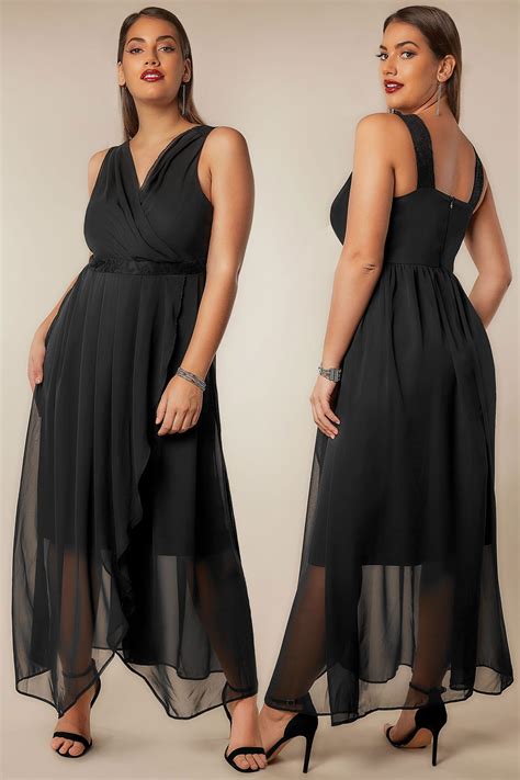 Black Chiffon Maxi Dress With Wrap Front And Lace Details Plus Size 16 To 36