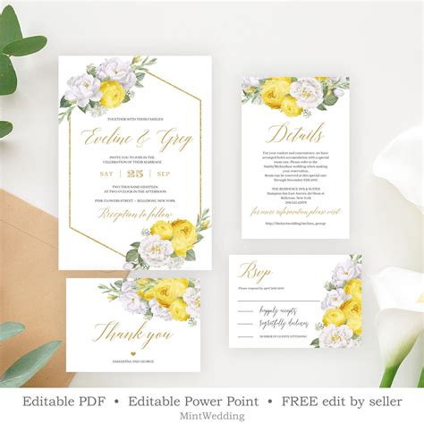 Yellow Wedding Invitation Set Template Printable White Floral Wedding