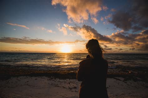 Free Woman Watching Beach Sunrise Image Stunning Photography