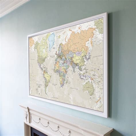Large Classic World Map Pinboard And Wood Frame White