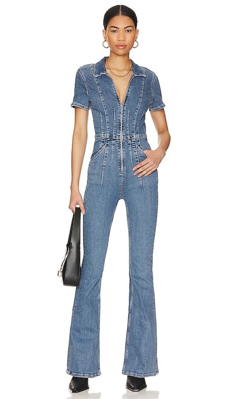 Free People Jayde Denim Flared Jumpsuit In Blue Modesens