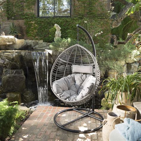 Leasa Outdoor Wicker Hanging Basket Chair With Water Resistant Cushions And Base Wicker Decor