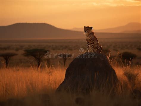 A Solitary Cheetah Under The African Sunrise Stock Image Image Of