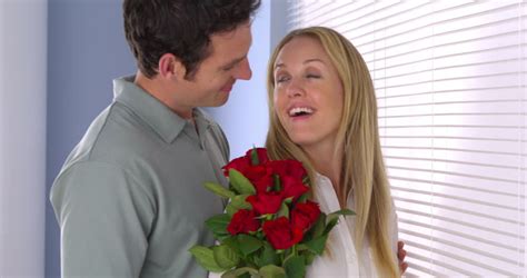 Sweet Husband Surprises His Wife With Flowers Stock Footage Video