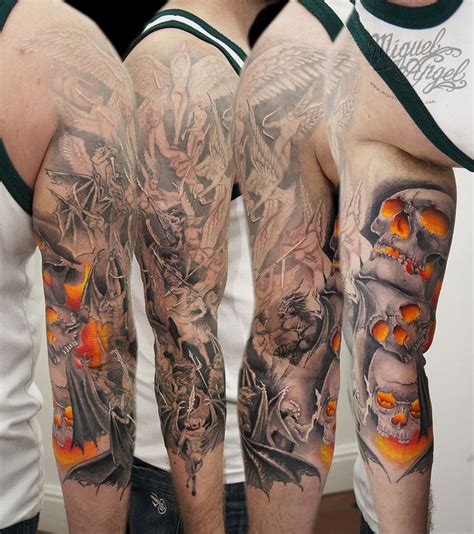 Angels And Demons Battle With Skull In Colour Tattoo Tattoos Good
