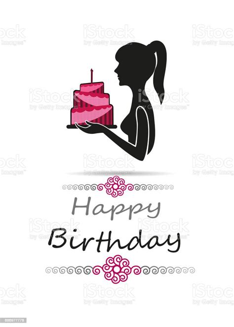 Silhouette Of Woman Carrying A Birthday Cake Happy Birthday Card Stock