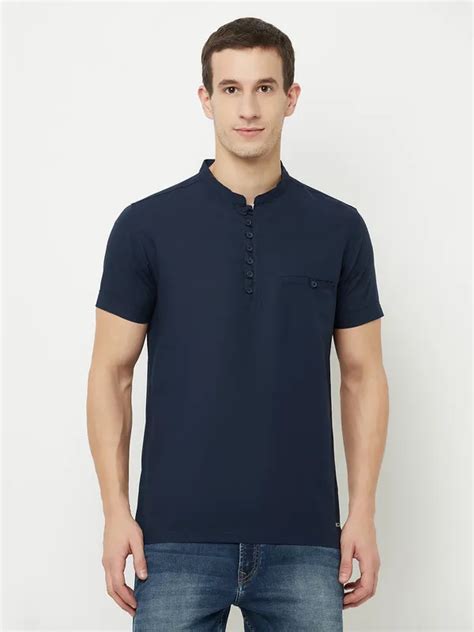 Octave Men Navy Blue Mandarin Collar T Shirt