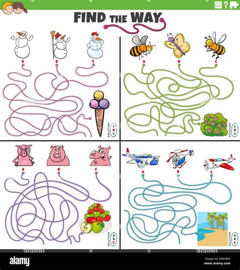 cartoon illustration of find the way maze puzzle games set with comic characters stock vector