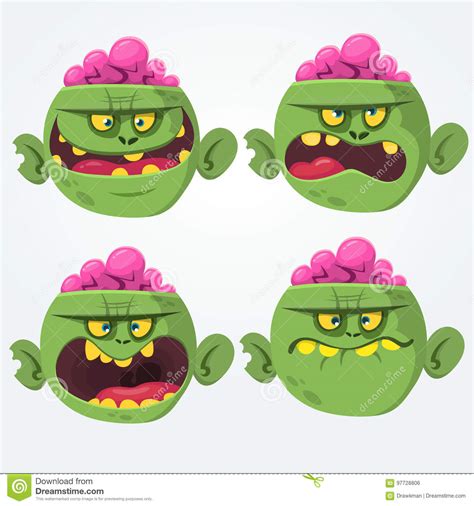 Zombie Head Scary Spooky Emotion Flat Icons Set Cartoon Stock Vector