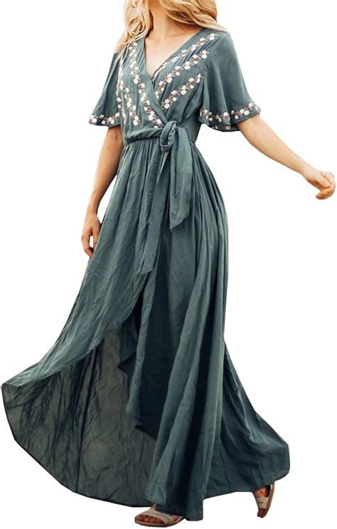 Imily Bela Womens Boho Embroidery Floral Asymmetrical Wrap Maxi Dress