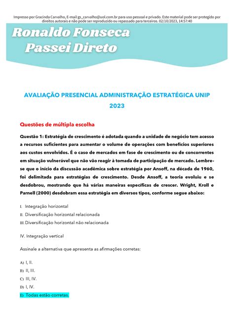 Avaliação Presencial Administração Estratégica UNIP Passei Direto Impresso por Gracinda