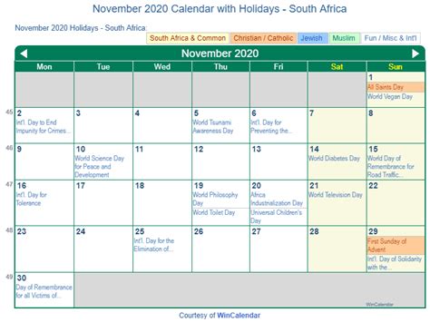 Print Friendly November 2020 South Africa Calendar For Printing