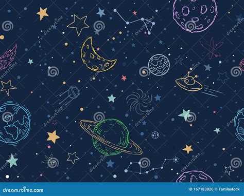 Color Seamless Space Pattern Hand Drawn Planets Cosmic Galaxy Texture