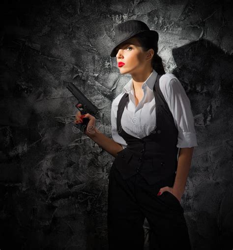 Portrait Young Woman Manly Style Gun Grey Wall Stock Photos Free