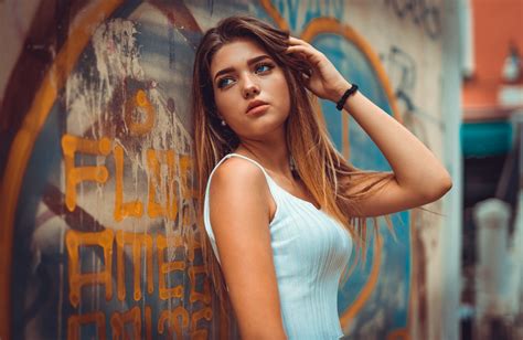 Women Marco Squassina Blue Eyes Tanned Brunette Looking Away White Tops Hands In Hair