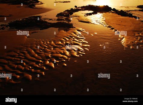 Sunset Over Sandy Beach In Low Tide Stock Photo Alamy