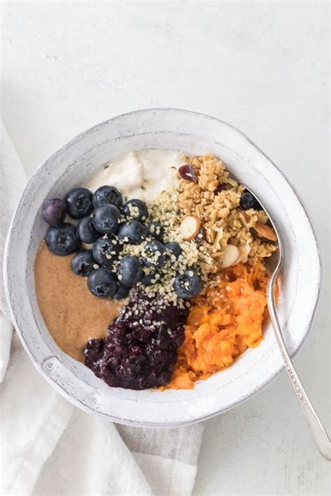 We love roasted sweet potatoes, especially in grain bowls like this one! Easy Vegan Sweet Potato Breakfast Bowls | Recipe | Sweet potato breakfast, Breakfast bowls ...