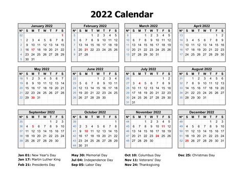 2022 Calendar On One Page