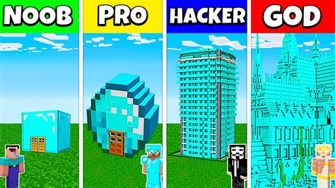 Minecraft Battle Noob Vs Pro Vs Hacker Vs God Diamond Block House Base Build Challenge