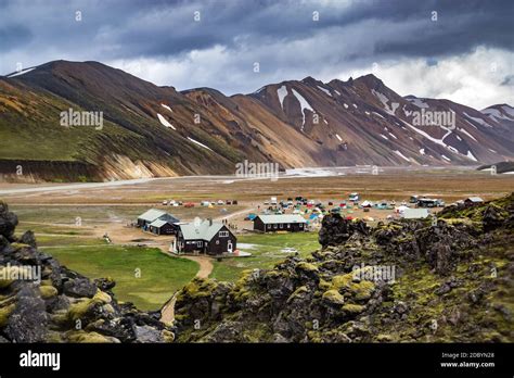 Landmannalaugar Mountains And Camp Ground Iceland Stock Photo Alamy