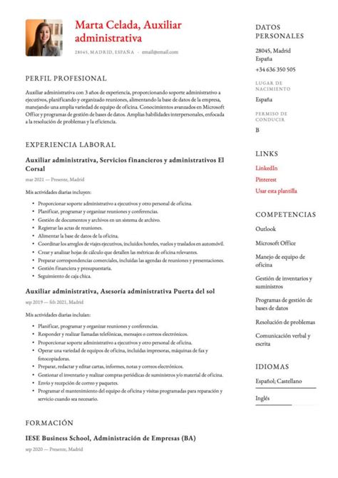 Curr Culum Para Auxiliar Administrativo Crea Tu Cv Gratis Plantillas