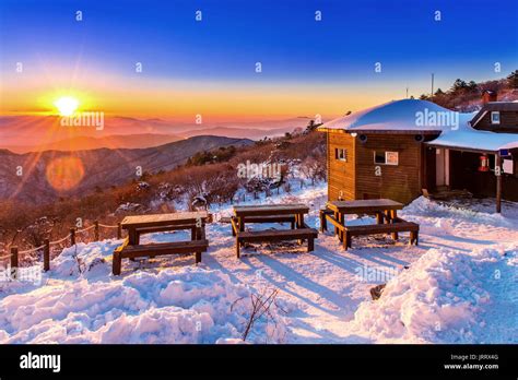 Sunrise With Beautiful Lens Flare At Deogyusan Mountains In Winter