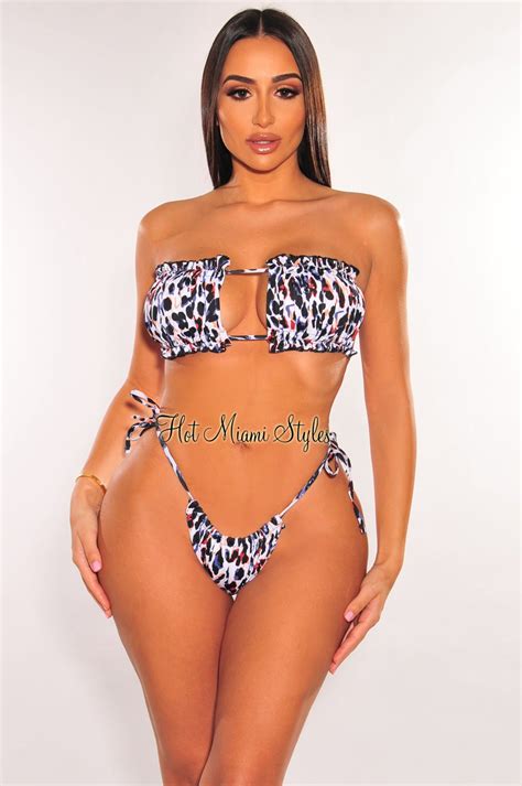 white multi color leopard print ruched bust frill padded bandeau bikini hot miami styles