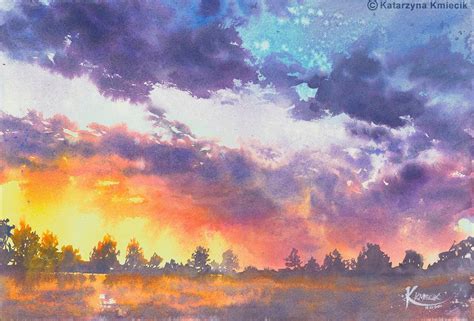 Atmospheric Sunset Watercolor Painting Colorful Sky Etsy