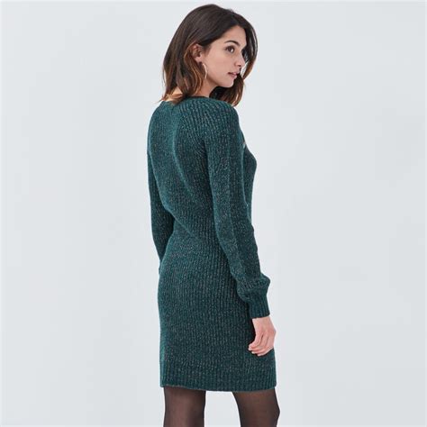 Modèle avec finition côtelée à l'encolure, à la base et en bas de manche. Robe pull droite vert foncé femme | Vib's